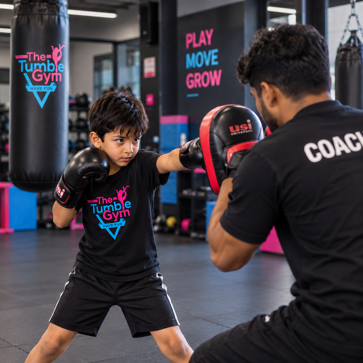 Coach training a child in Boxing at The Tumble Gym Sarjapur