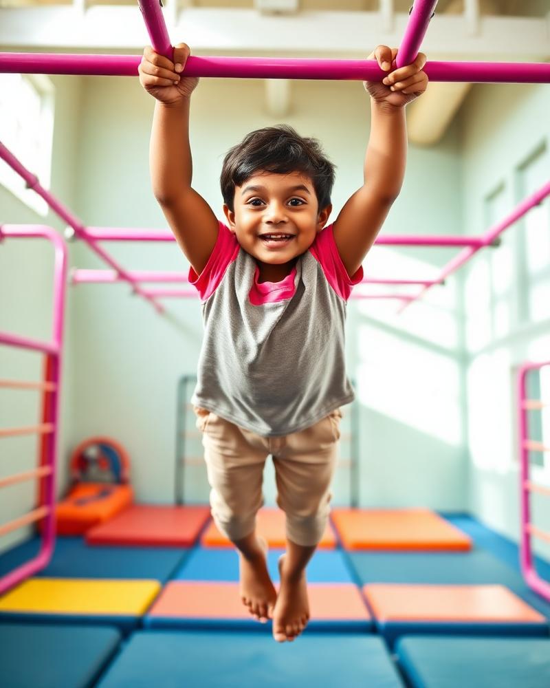 Indian child confidently crossing monkey bars at The Tumble Gym Sarjapur