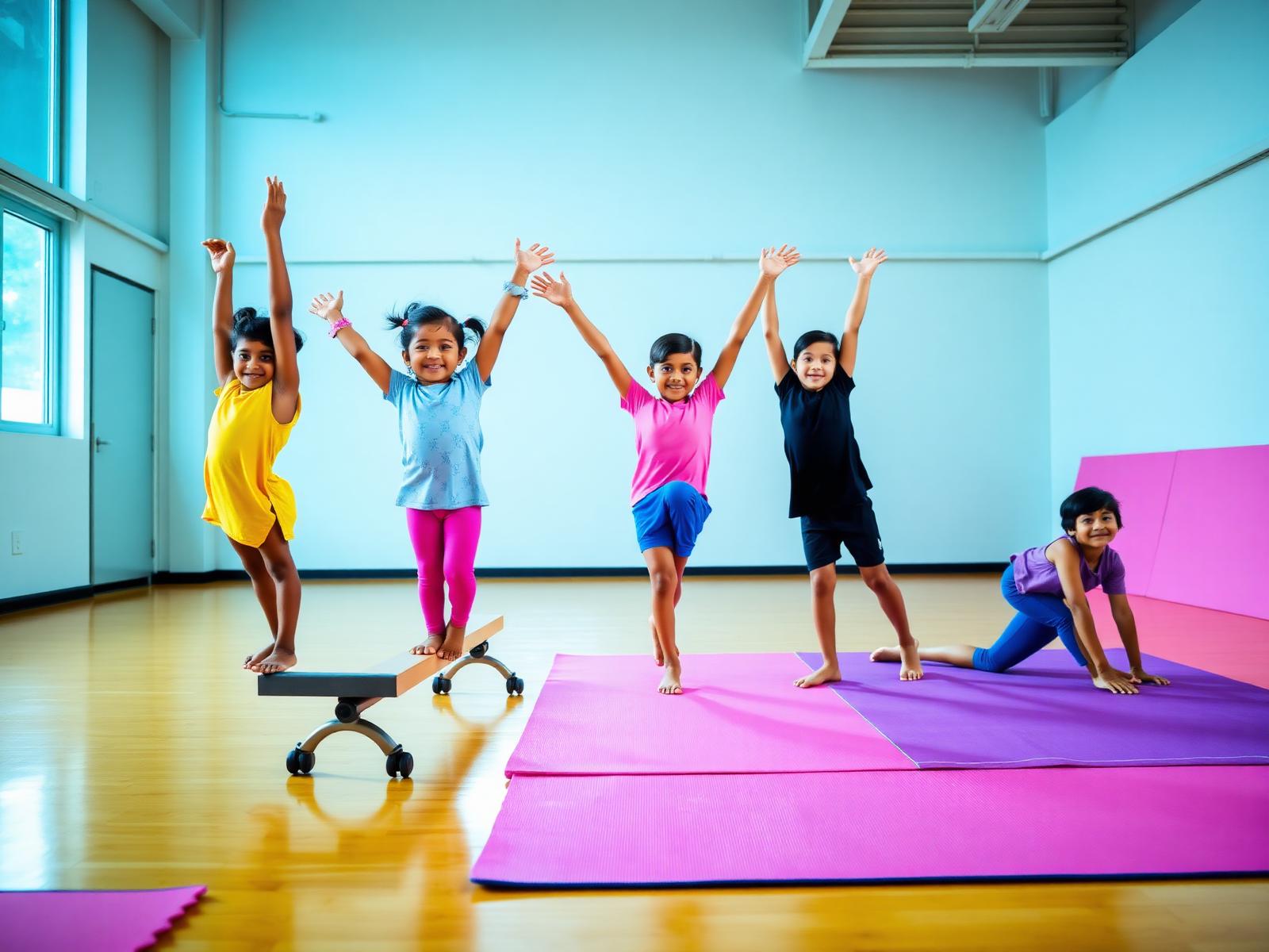 Group of Indian kids practicing gymnastics together at The Tumble Gym Sarjapur