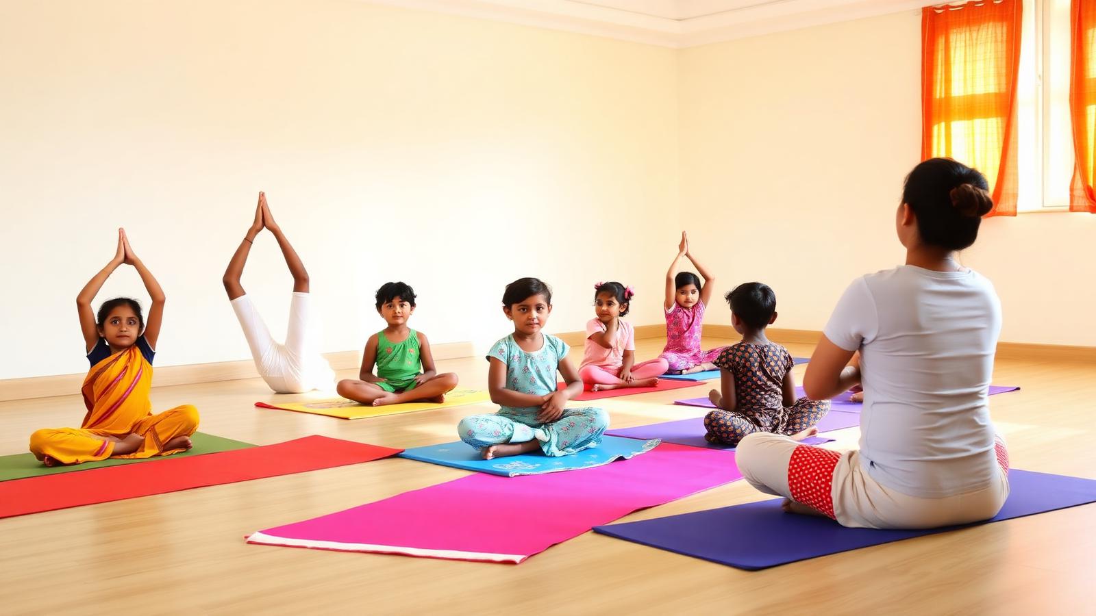 Indian kids in tree pose on colourful mats during a kids yoga class